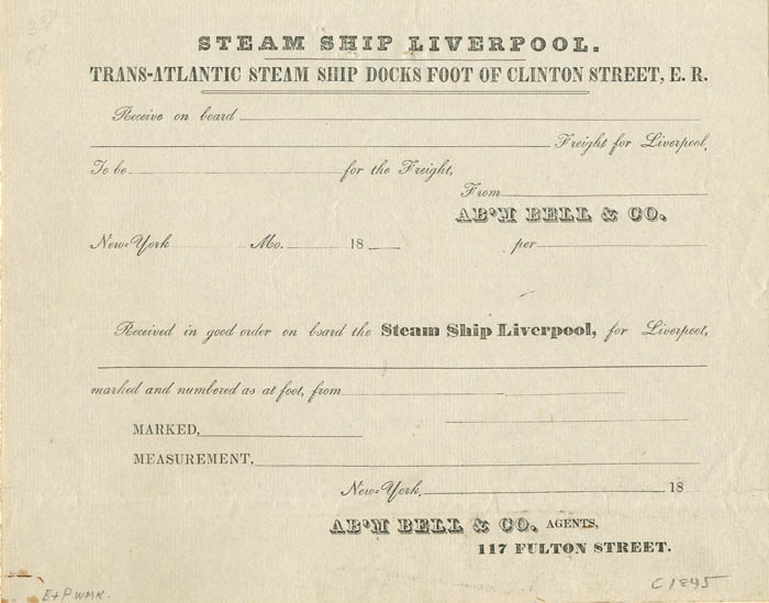 Steam Ship Liverpool - Unissued Freight Receipt - Trans-Atlantic Steam Ship Docks